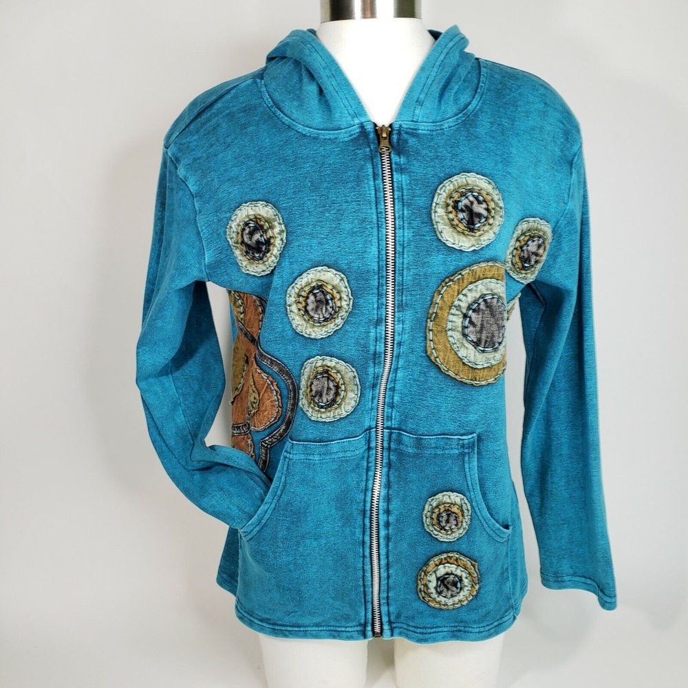 Art Studio Produce Jacket M Boho Hippie Applique Mineral Washed Cotton Hoodie